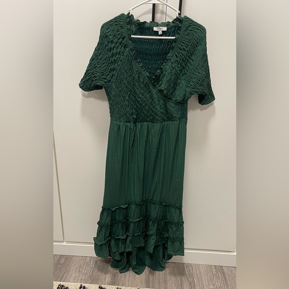 Polagram Smocked Ruffle Forest Green Midi Dress - Picture 2 of 5